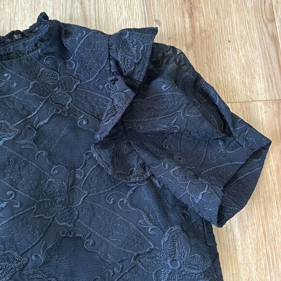 Luba by Hannah Payne Black Lace Short Sleeve Blouse with 3 Ties Size 6 - Picture 5 of 8
